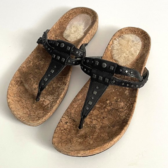UGG Deitra Dual Strap Studded Leather Cork Thong Flip Flop Sandal Shoe 7 Black - Picture 4 of 10